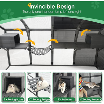 Luxury Cat Cage Outdoor Wooden Catio Enclosure Patio Large Cat Run House for Multiple Pets Walk in Kitten Kennel with Bouncy Bridge, Platforms, Small Houses, Seating and Sunshine Panel- 108.7", Gray