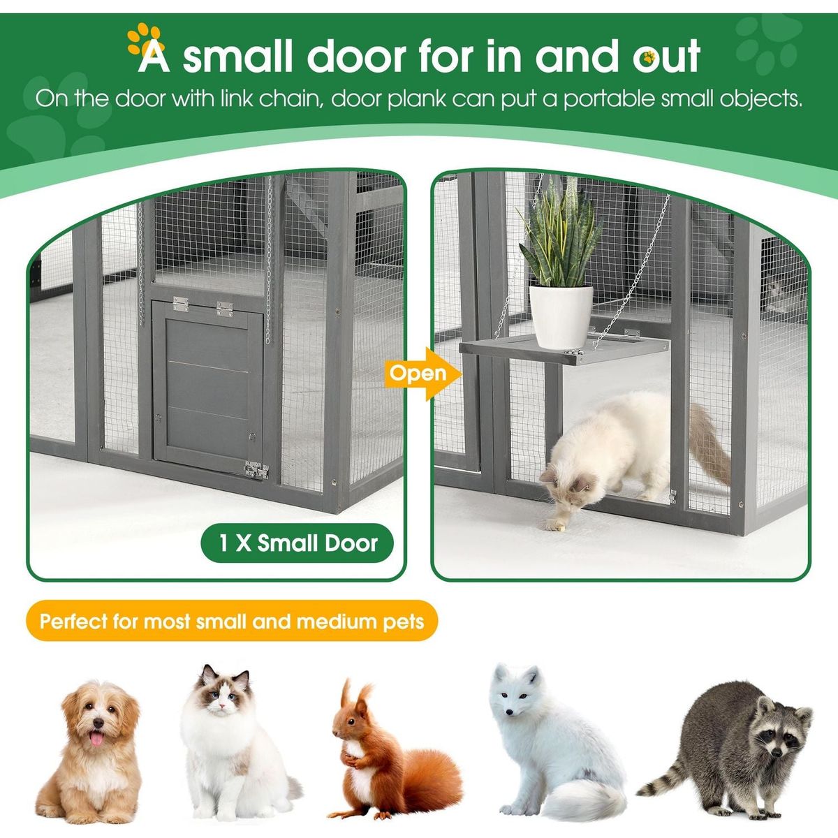 Luxury Cat Cage Outdoor Wooden Catio Enclosure Patio Large Cat Run House for Multiple Pets Walk in Kitten Kennel with Bouncy Bridge, Platforms, Small Houses, Seating and Sunshine Panel- 108.7", Gray