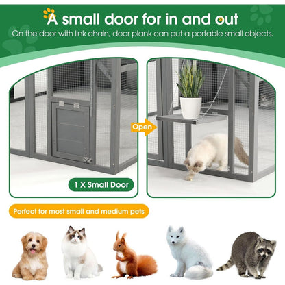Luxury Cat Cage Outdoor Wooden Catio Enclosure Patio Large Cat Run House for Multiple Pets Walk in Kitten Kennel with Bouncy Bridge, Platforms, Small Houses, Seating and Sunshine Panel- 108.7", Gray