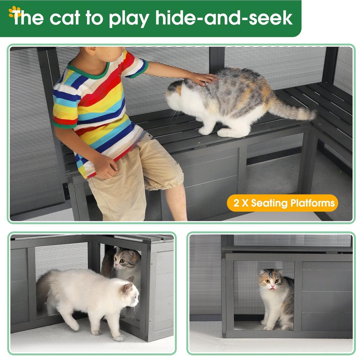 Luxury Cat Cage Outdoor Wooden Catio Enclosure Patio Large Cat Run House for Multiple Pets Walk in Kitten Kennel with Bouncy Bridge, Platforms, Small Houses, Seating and Sunshine Panel- 108.7", Gray