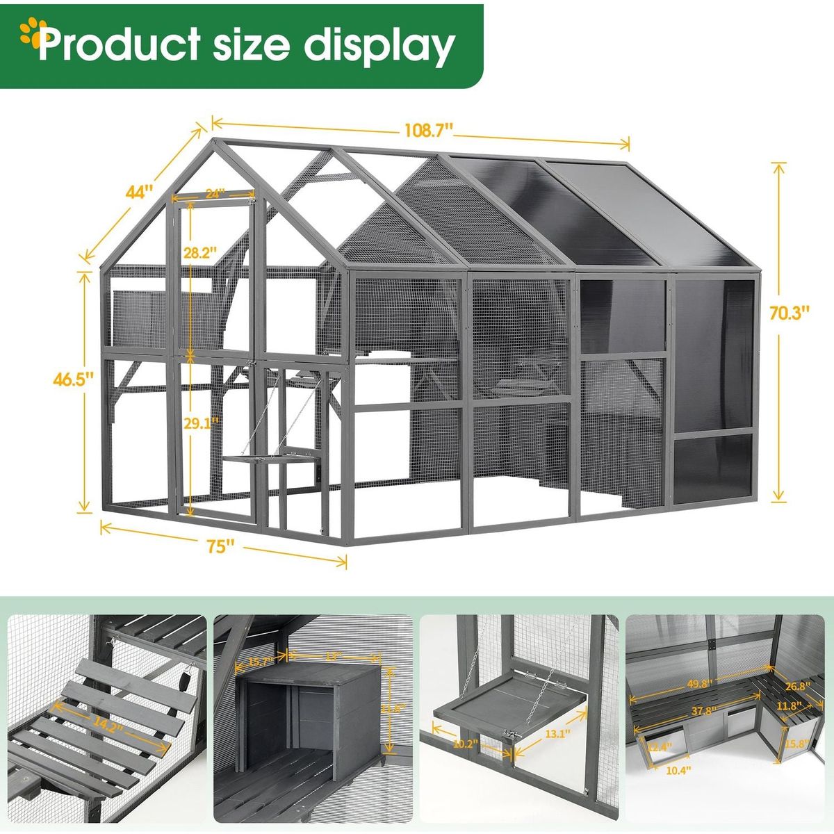 Luxury Cat Cage Outdoor Wooden Catio Enclosure Patio Large Cat Run House for Multiple Pets Walk in Kitten Kennel with Bouncy Bridge, Platforms, Small Houses, Seating and Sunshine Panel- 108.7", Gray