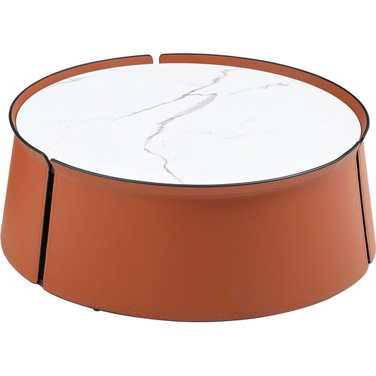 (NOT available on wayfair) 31.5inch Coffee Table, Marble Top+Orange Saddle Leather Body+Iron Frame