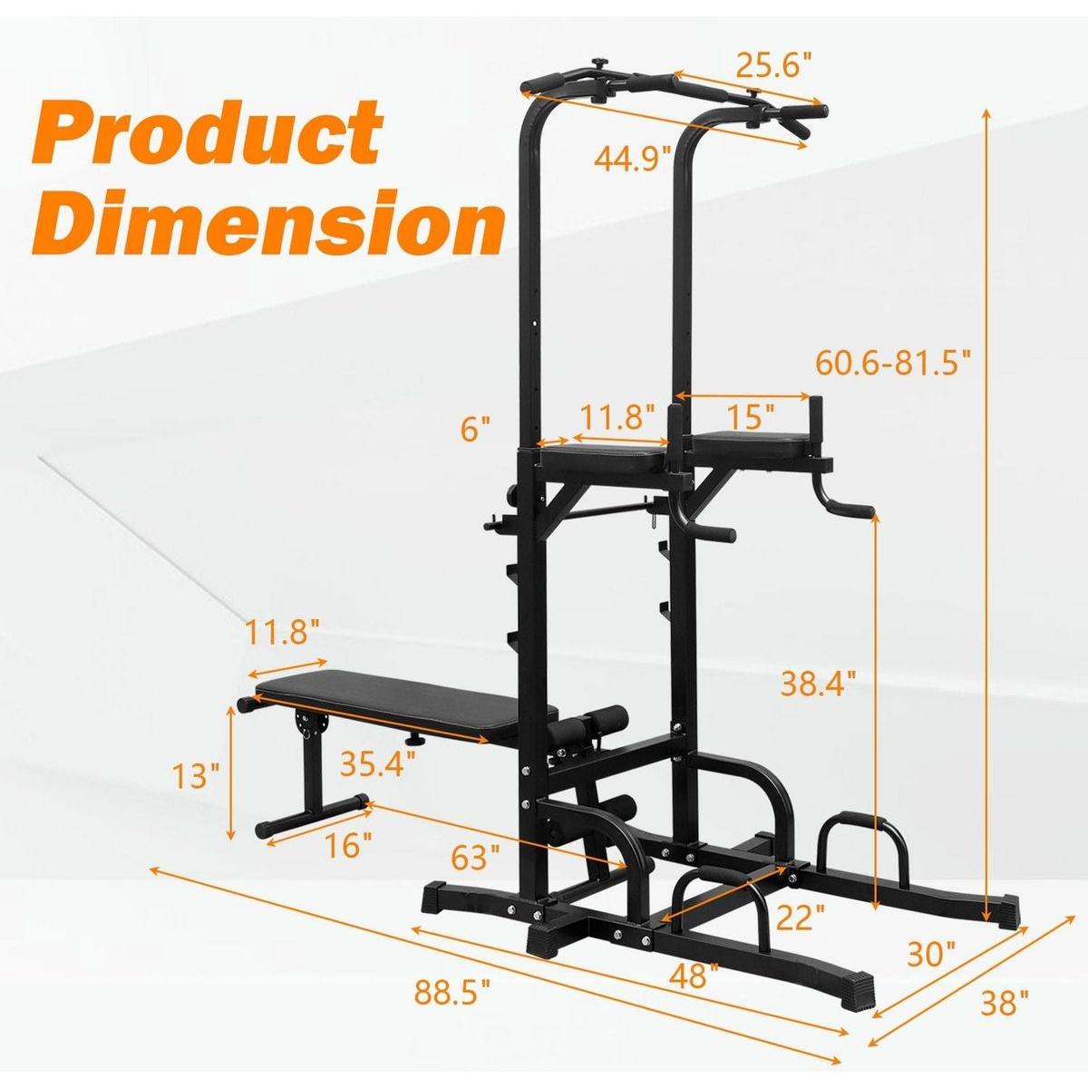 Power Tower Dip Station with Bench Pull Up Bar Stand Adjustable Height Heavy Duty Multi-Function Fitness Training Equipment for Home Office Gym