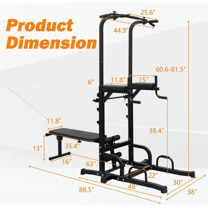 Power Tower Dip Station with Bench Pull Up Bar Stand Adjustable Height Heavy Duty Multi-Function Fitness Training Equipment for Home Office Gym