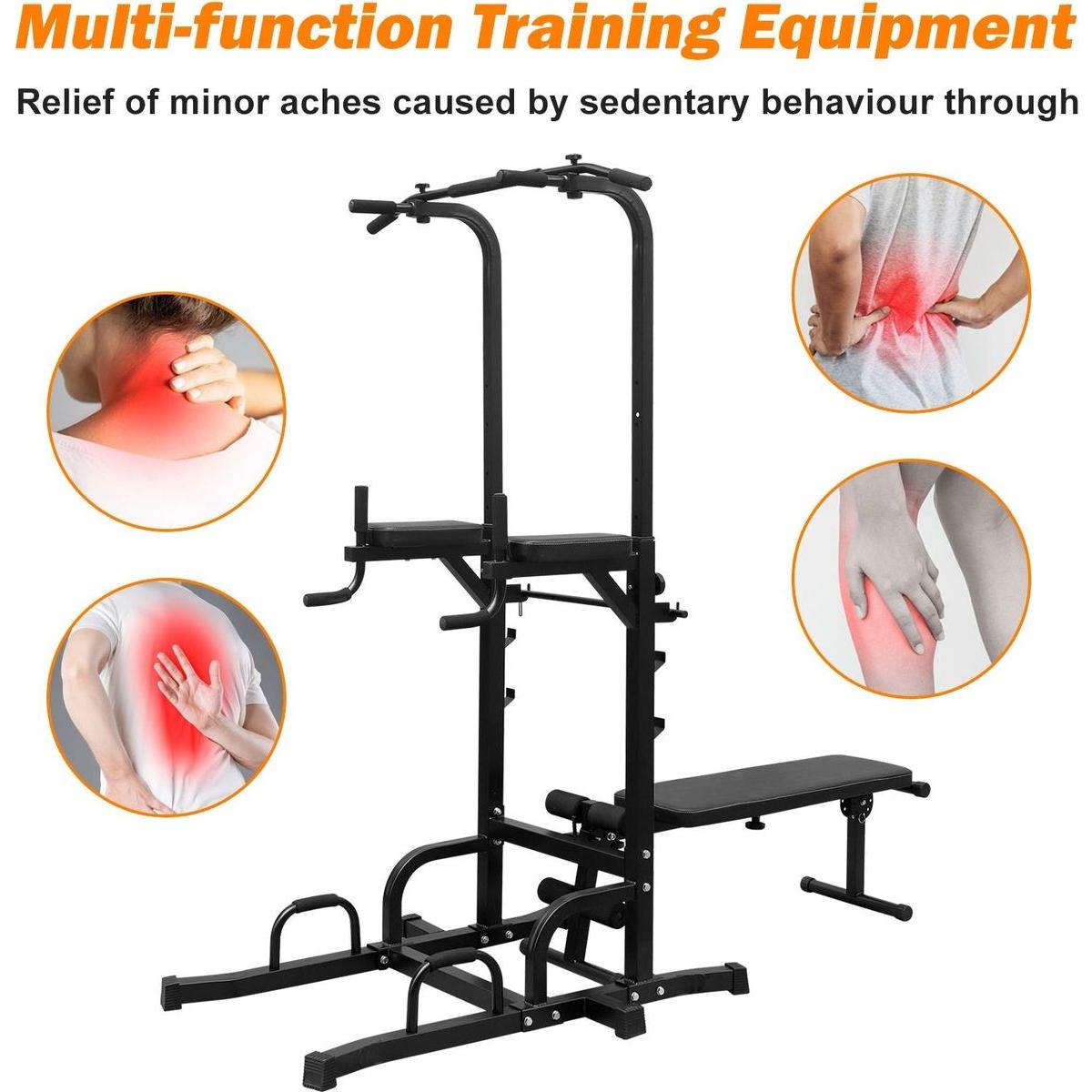 Power Tower Dip Station with Bench Pull Up Bar Stand Adjustable Height Heavy Duty Multi-Function Fitness Training Equipment for Home Office Gym