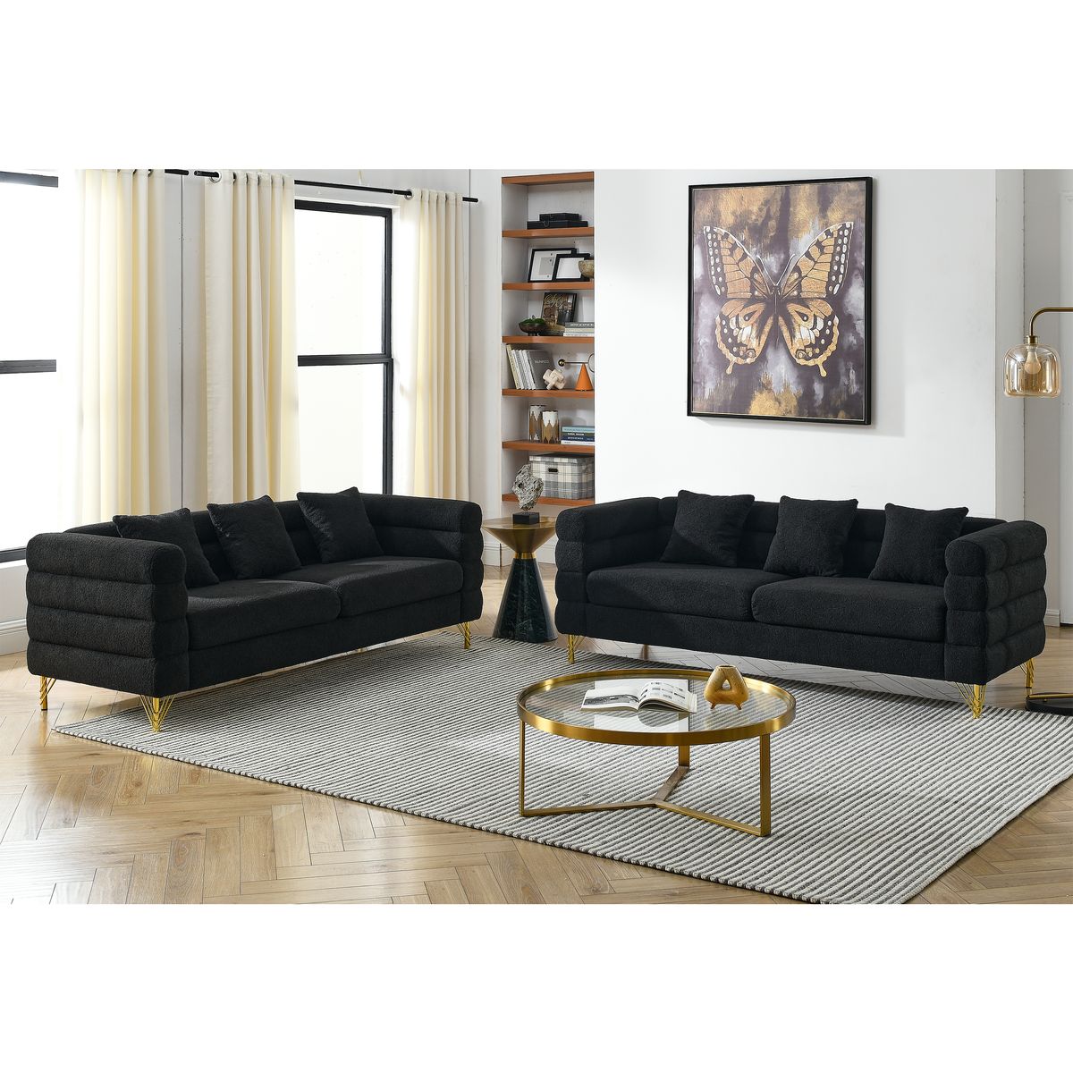 3-seater + 3-seater Combination sofa.BLACK teddy