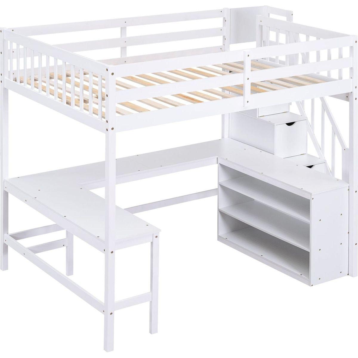 Full Size Loft Bed with Built-in L-Shaped Desk and Three-Tier Storage Shelves,and Attached Storage Staircase, White