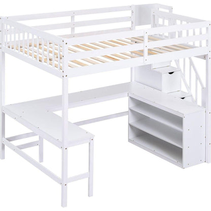 Full Size Loft Bed with Built-in L-Shaped Desk and Three-Tier Storage Shelves,and Attached Storage Staircase, White