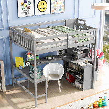 Full Size Loft Bed with Built-in L-Shaped Desk and Three-Tier Storage Shelves,and Attached Storage Staircase,Gray