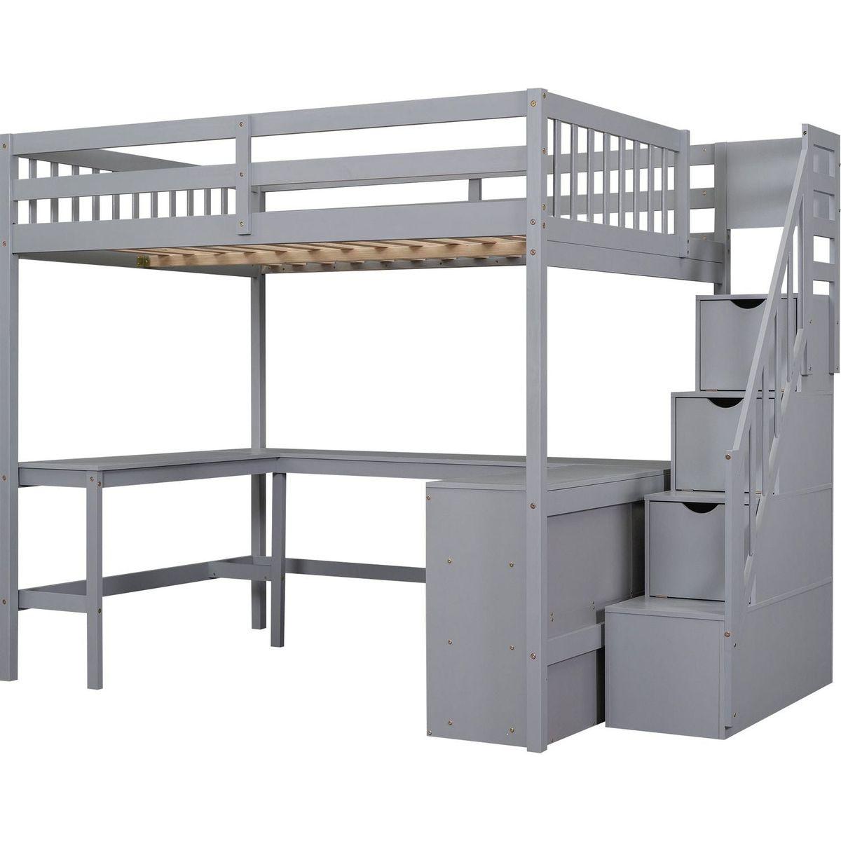 Full Size Loft Bed with Built-in L-Shaped Desk and Three-Tier Storage Shelves,and Attached Storage Staircase,Gray