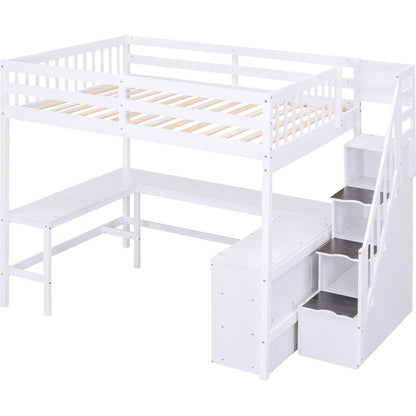 Full Size Loft Bed with Built-in L-Shaped Desk and Three-Tier Storage Shelves,and Attached Storage Staircase, White