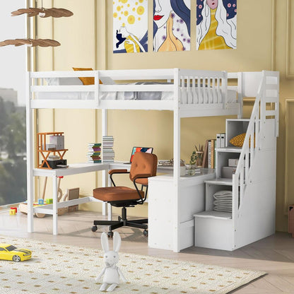 Full Size Loft Bed with Built-in L-Shaped Desk and Three-Tier Storage Shelves,and Attached Storage Staircase, White