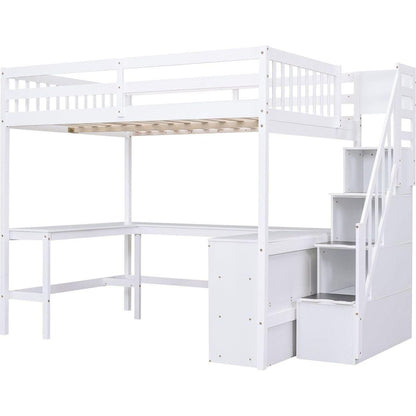 Full Size Loft Bed with Built-in L-Shaped Desk and Three-Tier Storage Shelves,and Attached Storage Staircase, White