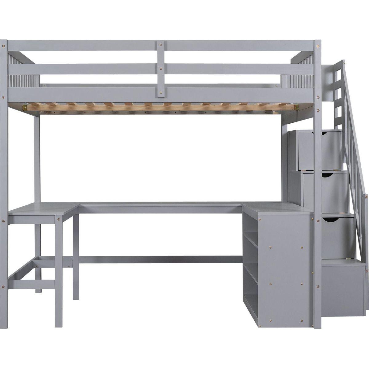 Full Size Loft Bed with Built-in L-Shaped Desk and Three-Tier Storage Shelves,and Attached Storage Staircase,Gray