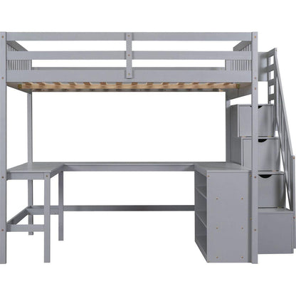 Full Size Loft Bed with Built-in L-Shaped Desk and Three-Tier Storage Shelves,and Attached Storage Staircase,Gray