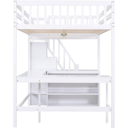 Full Size Loft Bed with Built-in L-Shaped Desk and Three-Tier Storage Shelves,and Attached Storage Staircase, White