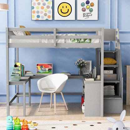 Full Size Loft Bed with Built-in L-Shaped Desk and Three-Tier Storage Shelves,and Attached Storage Staircase,Gray