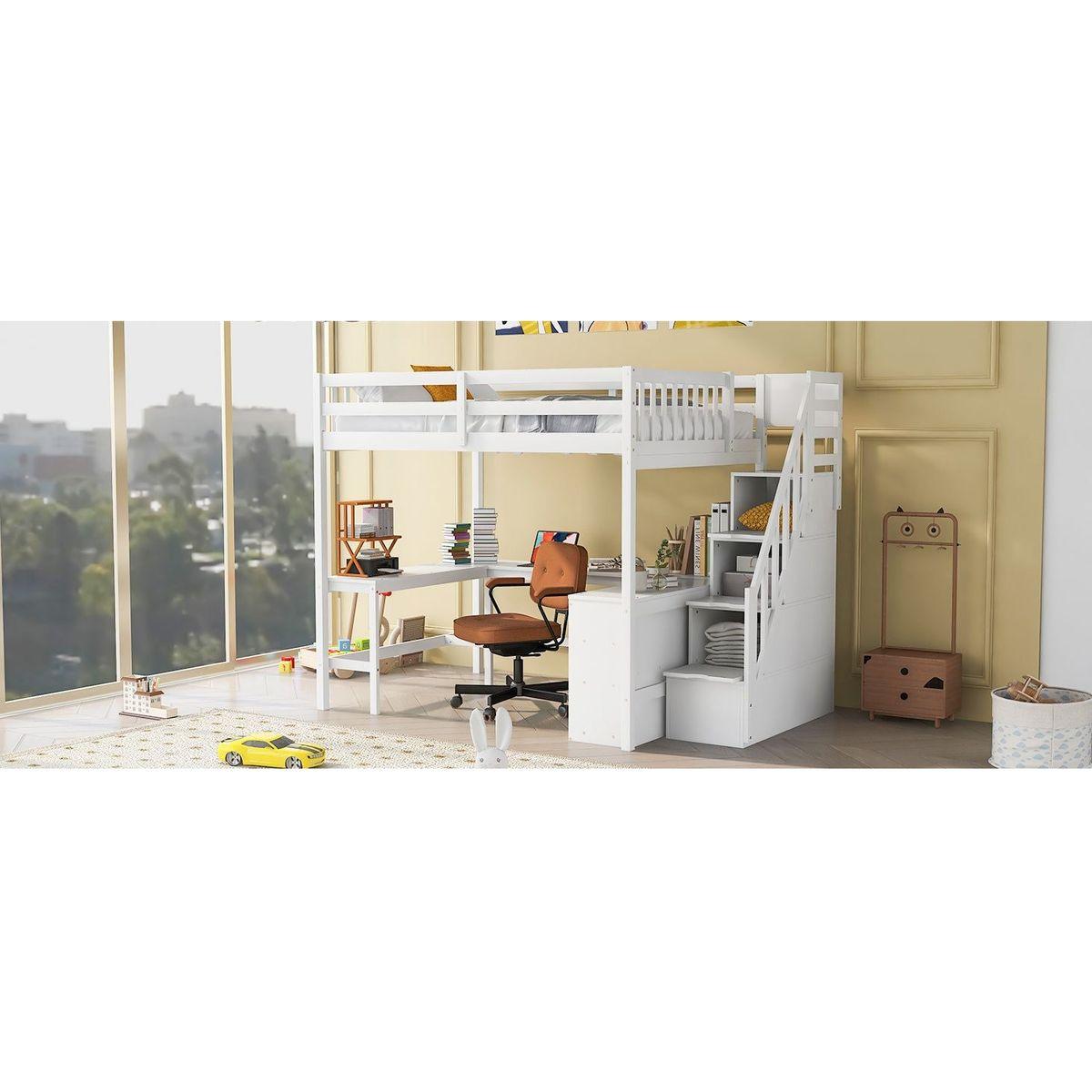 Full Size Loft Bed with Built-in L-Shaped Desk and Three-Tier Storage Shelves,and Attached Storage Staircase, White