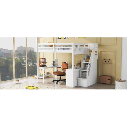 Full Size Loft Bed with Built-in L-Shaped Desk and Three-Tier Storage Shelves,and Attached Storage Staircase, White