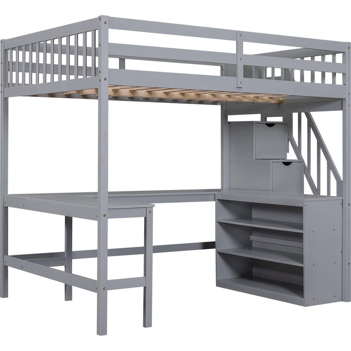 Full Size Loft Bed with Built-in L-Shaped Desk and Three-Tier Storage Shelves,and Attached Storage Staircase,Gray