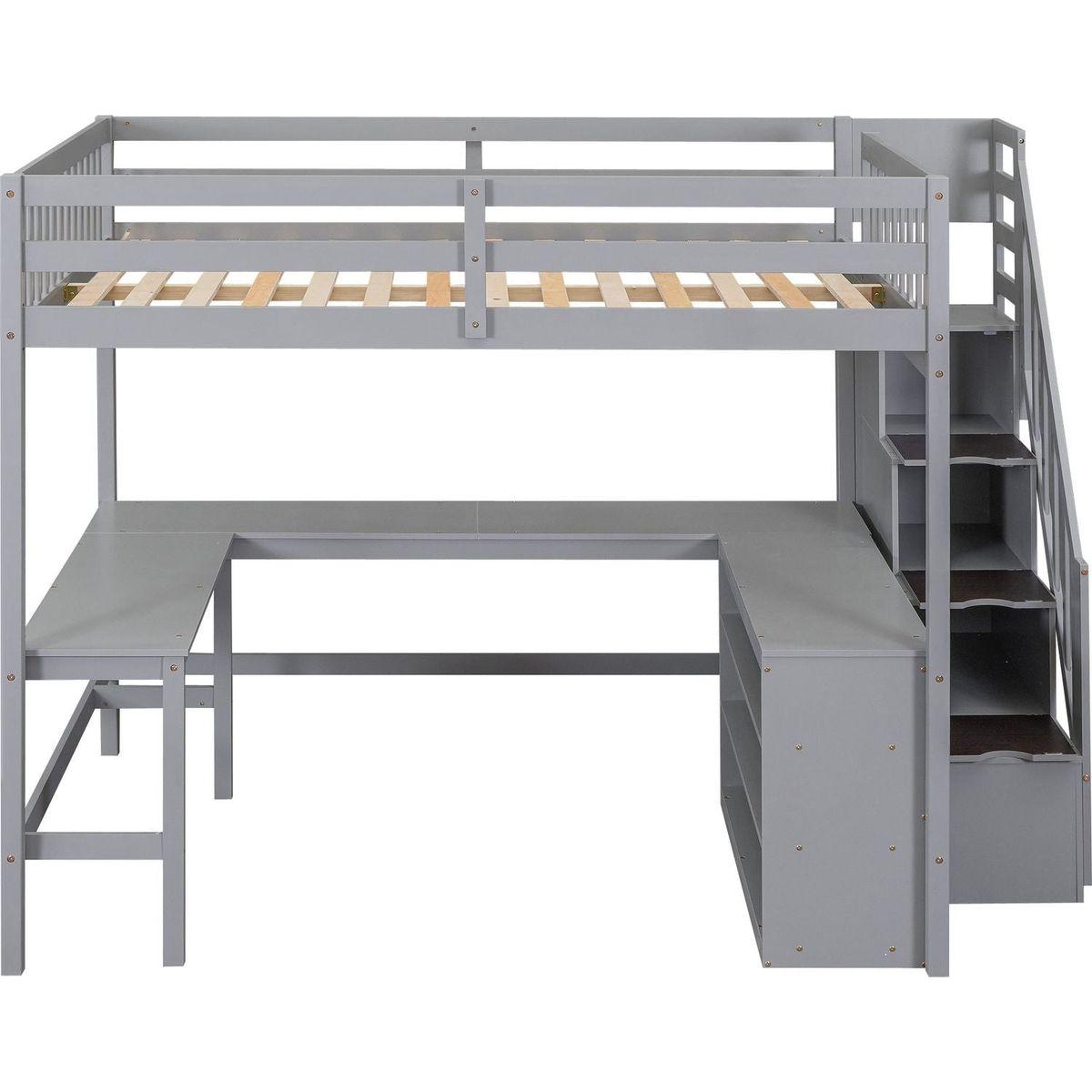 Full Size Loft Bed with Built-in L-Shaped Desk and Three-Tier Storage Shelves,and Attached Storage Staircase,Gray