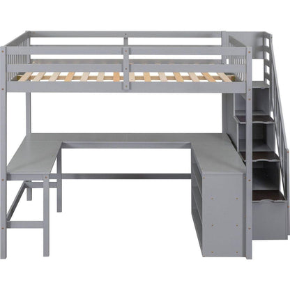 Full Size Loft Bed with Built-in L-Shaped Desk and Three-Tier Storage Shelves,and Attached Storage Staircase,Gray