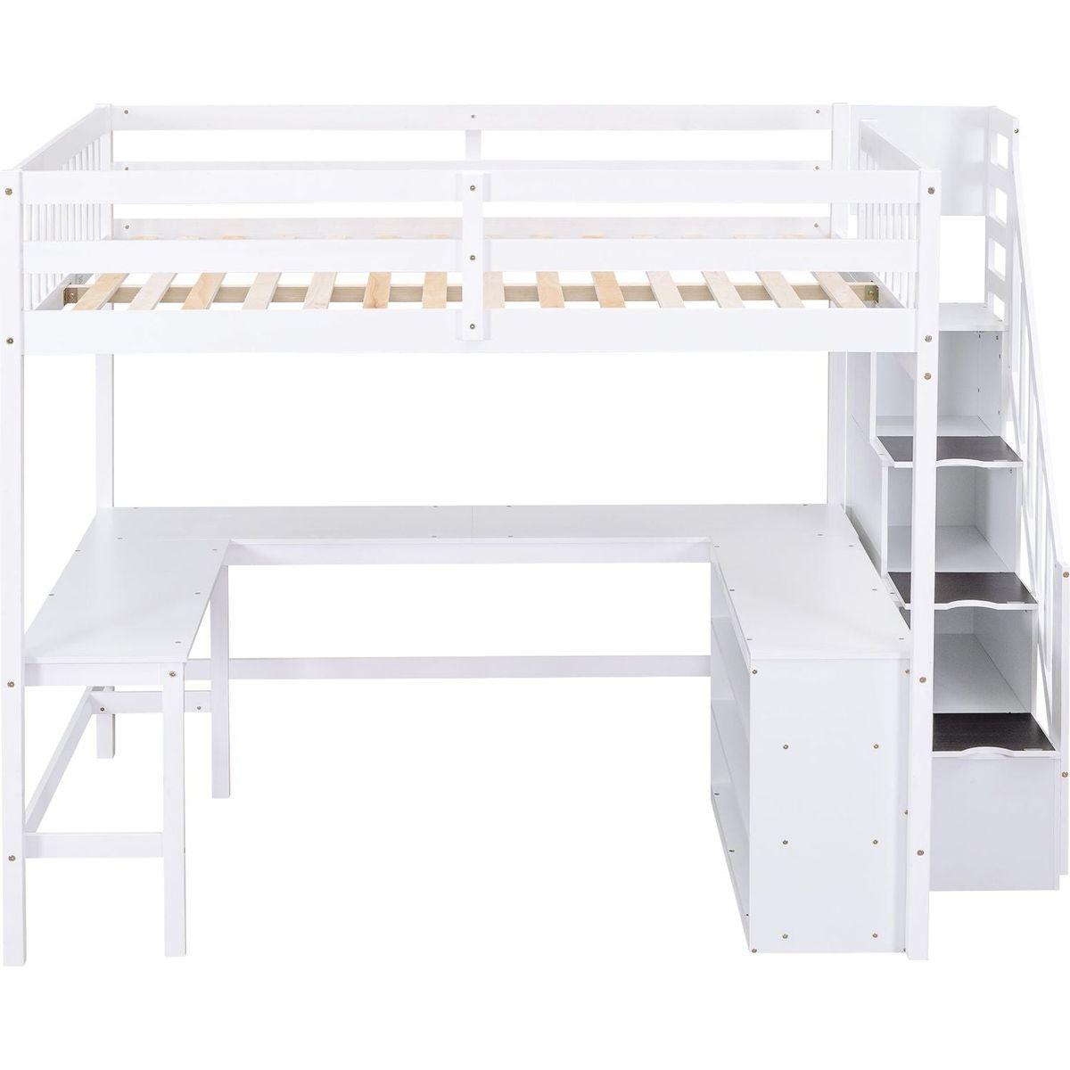 Full Size Loft Bed with Built-in L-Shaped Desk and Three-Tier Storage Shelves,and Attached Storage Staircase, White
