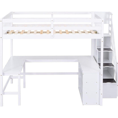 Full Size Loft Bed with Built-in L-Shaped Desk and Three-Tier Storage Shelves,and Attached Storage Staircase, White
