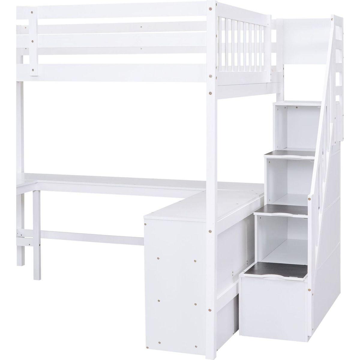 Full Size Loft Bed with Built-in L-Shaped Desk and Three-Tier Storage Shelves,and Attached Storage Staircase, White