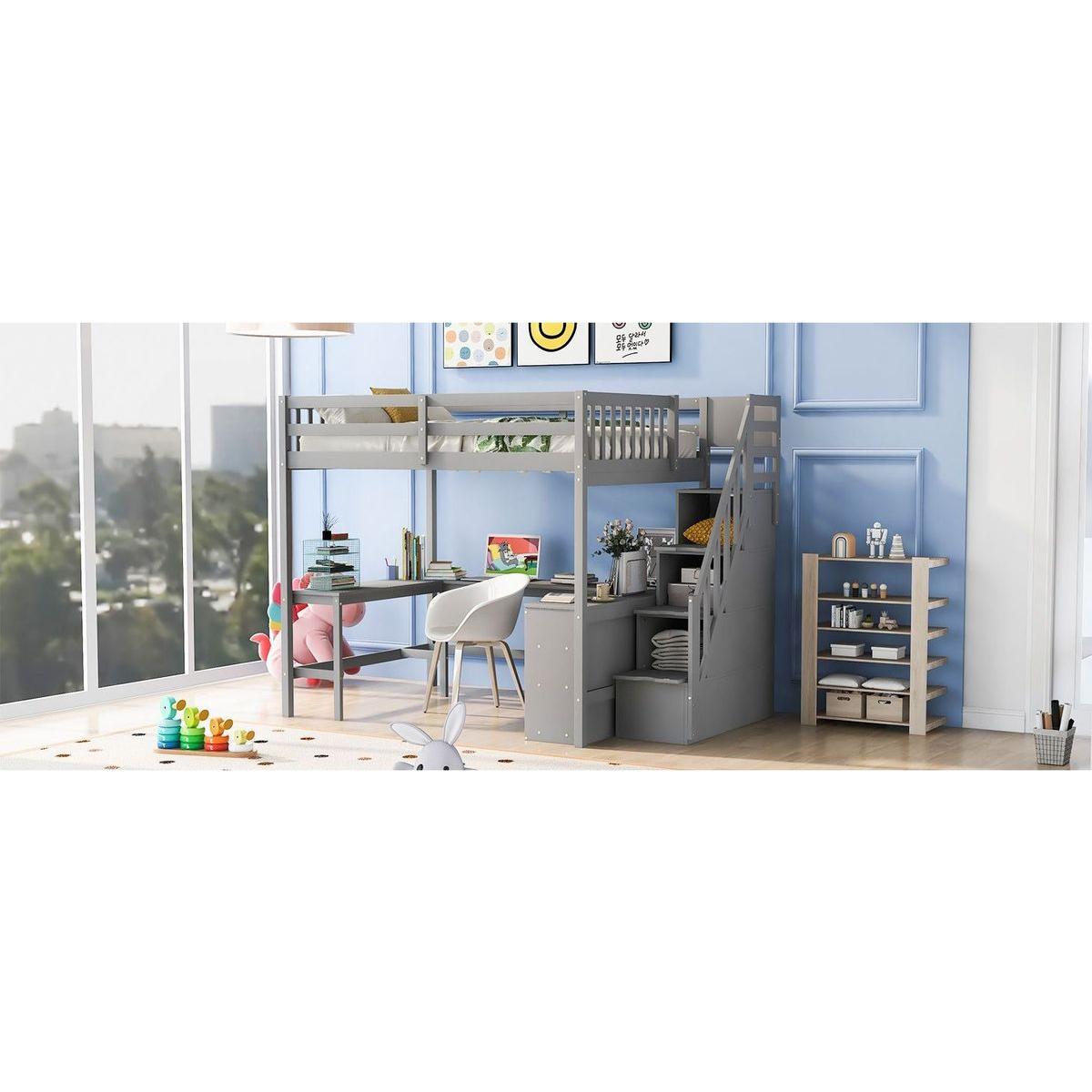 Full Size Loft Bed with Built-in L-Shaped Desk and Three-Tier Storage Shelves,and Attached Storage Staircase,Gray