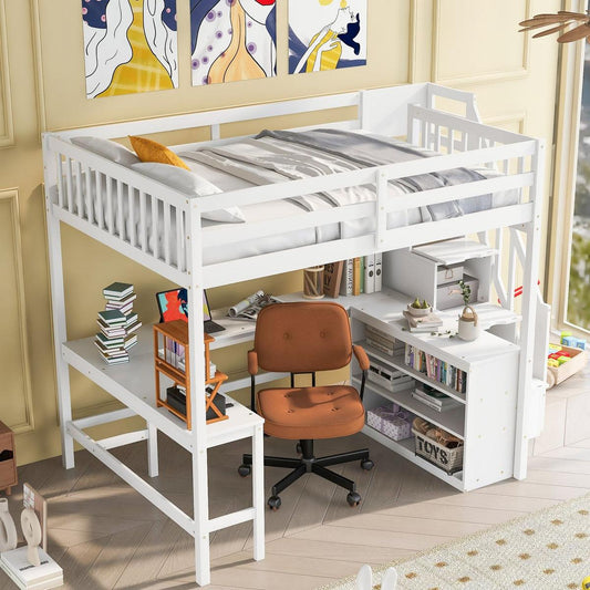 Full Size Loft Bed with Built-in L-Shaped Desk and Three-Tier Storage Shelves,and Attached Storage Staircase, White