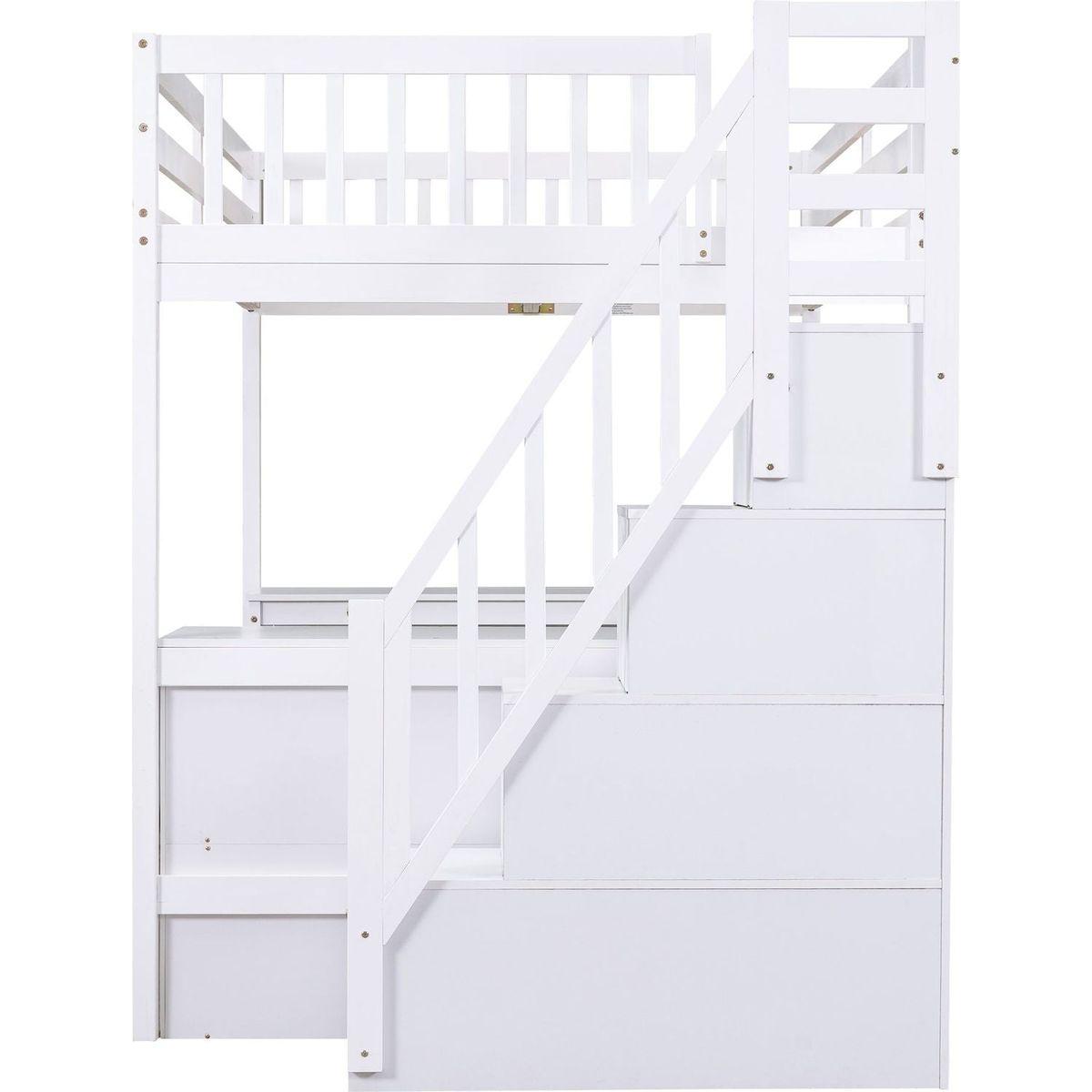 Full Size Loft Bed with Built-in L-Shaped Desk and Three-Tier Storage Shelves,and Attached Storage Staircase, White