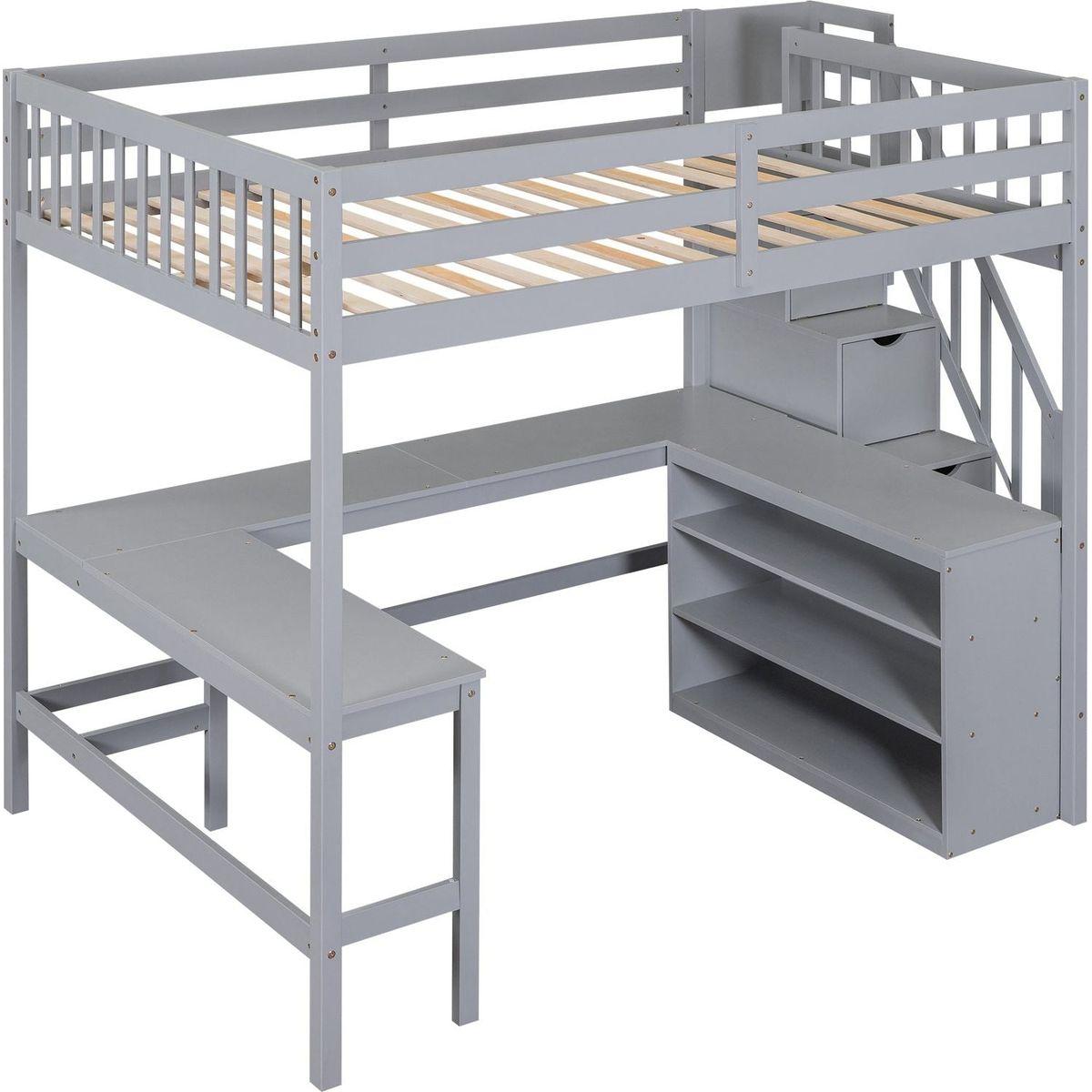 Full Size Loft Bed with Built-in L-Shaped Desk and Three-Tier Storage Shelves,and Attached Storage Staircase,Gray