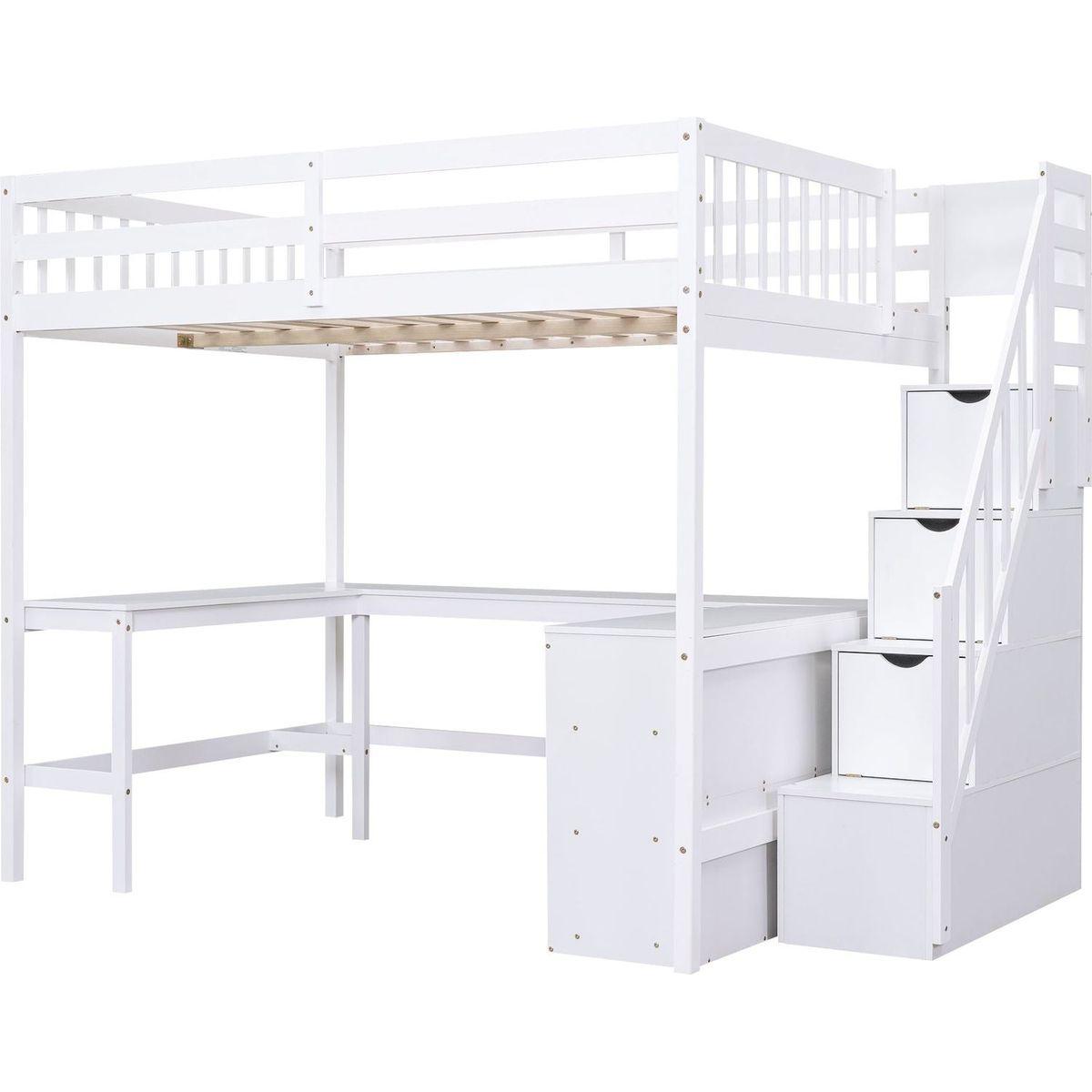 Full Size Loft Bed with Built-in L-Shaped Desk and Three-Tier Storage Shelves,and Attached Storage Staircase, White