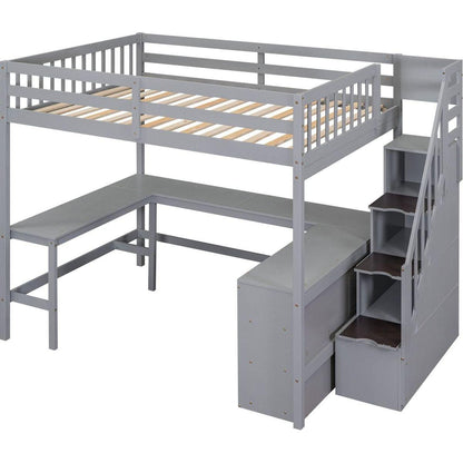 Full Size Loft Bed with Built-in L-Shaped Desk and Three-Tier Storage Shelves,and Attached Storage Staircase,Gray