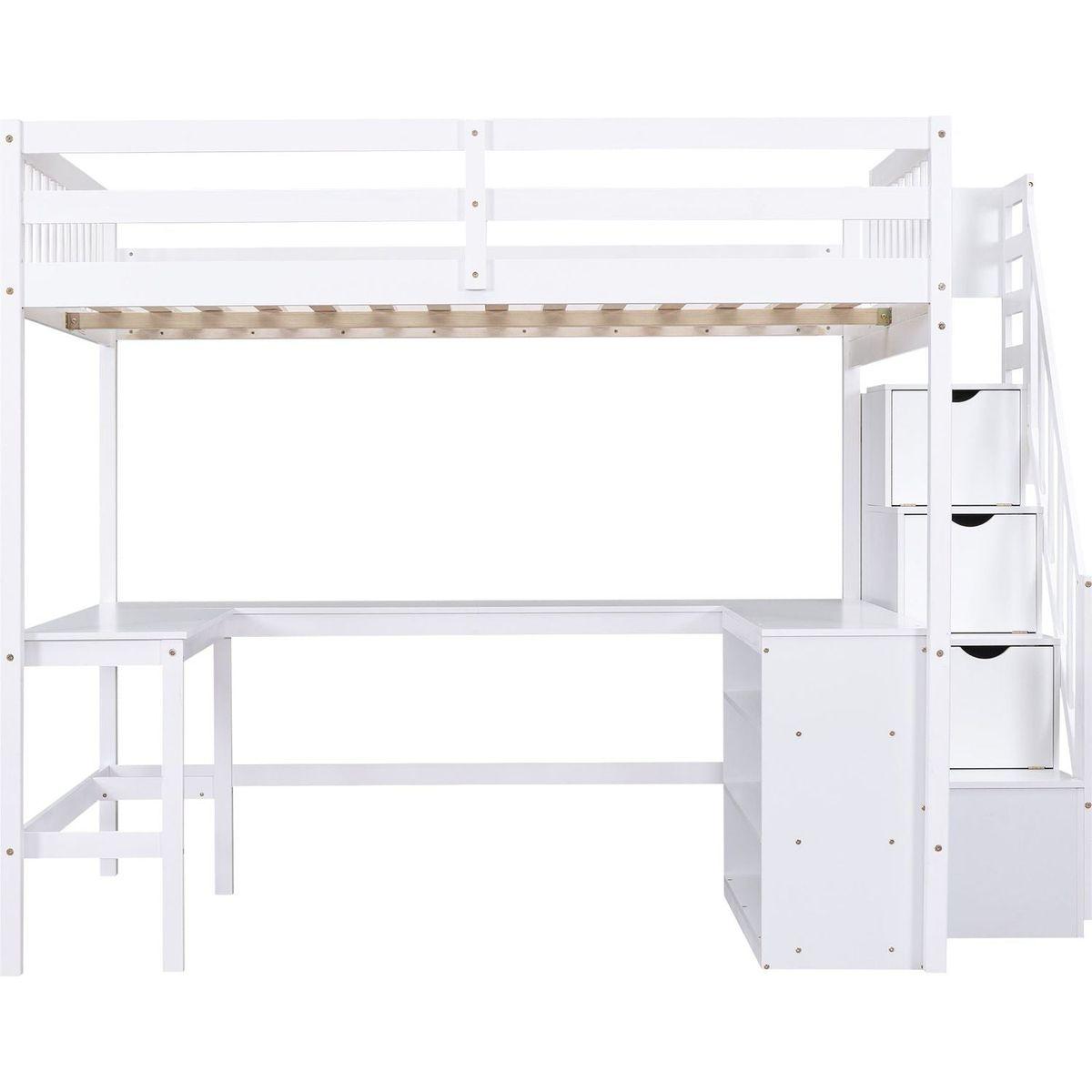 Full Size Loft Bed with Built-in L-Shaped Desk and Three-Tier Storage Shelves,and Attached Storage Staircase, White