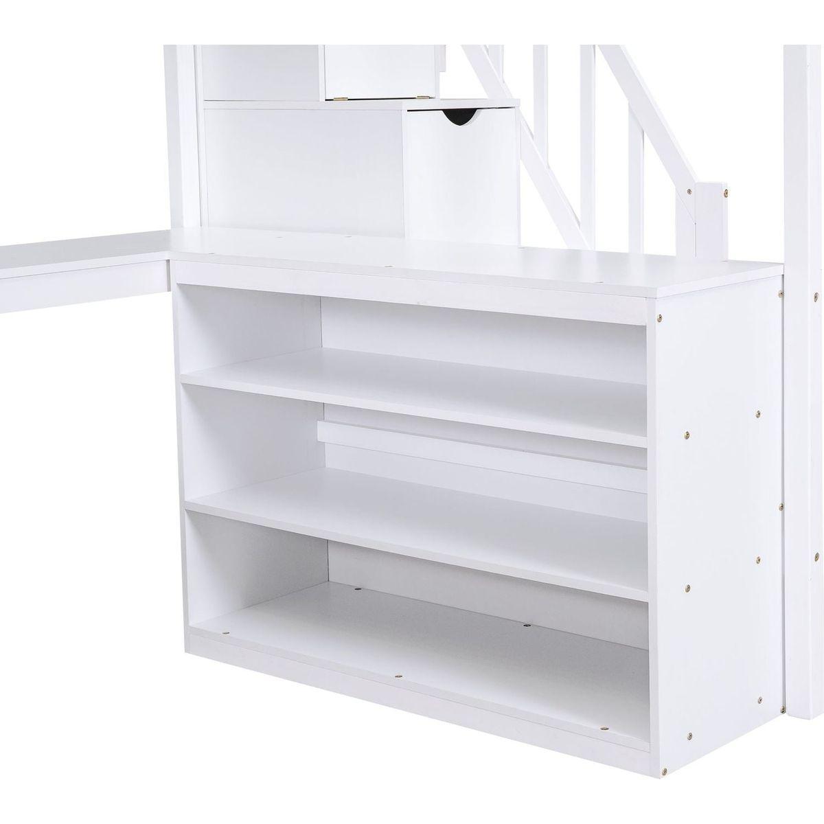Full Size Loft Bed with Built-in L-Shaped Desk and Three-Tier Storage Shelves,and Attached Storage Staircase, White