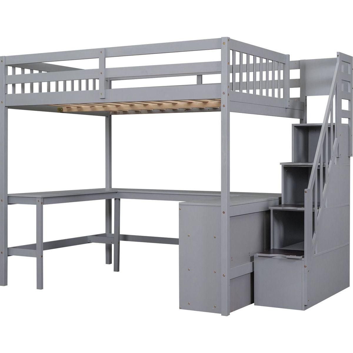 Full Size Loft Bed with Built-in L-Shaped Desk and Three-Tier Storage Shelves,and Attached Storage Staircase,Gray