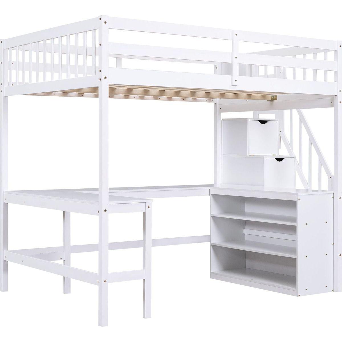 Full Size Loft Bed with Built-in L-Shaped Desk and Three-Tier Storage Shelves,and Attached Storage Staircase, White
