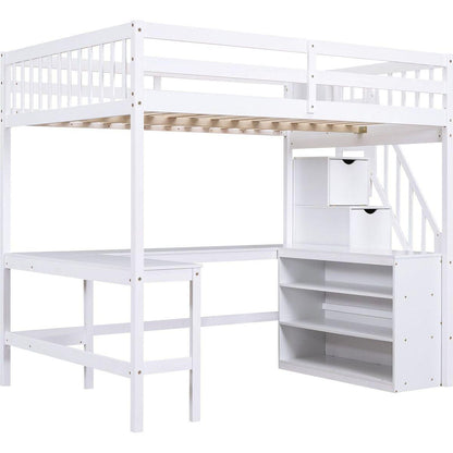 Full Size Loft Bed with Built-in L-Shaped Desk and Three-Tier Storage Shelves,and Attached Storage Staircase, White