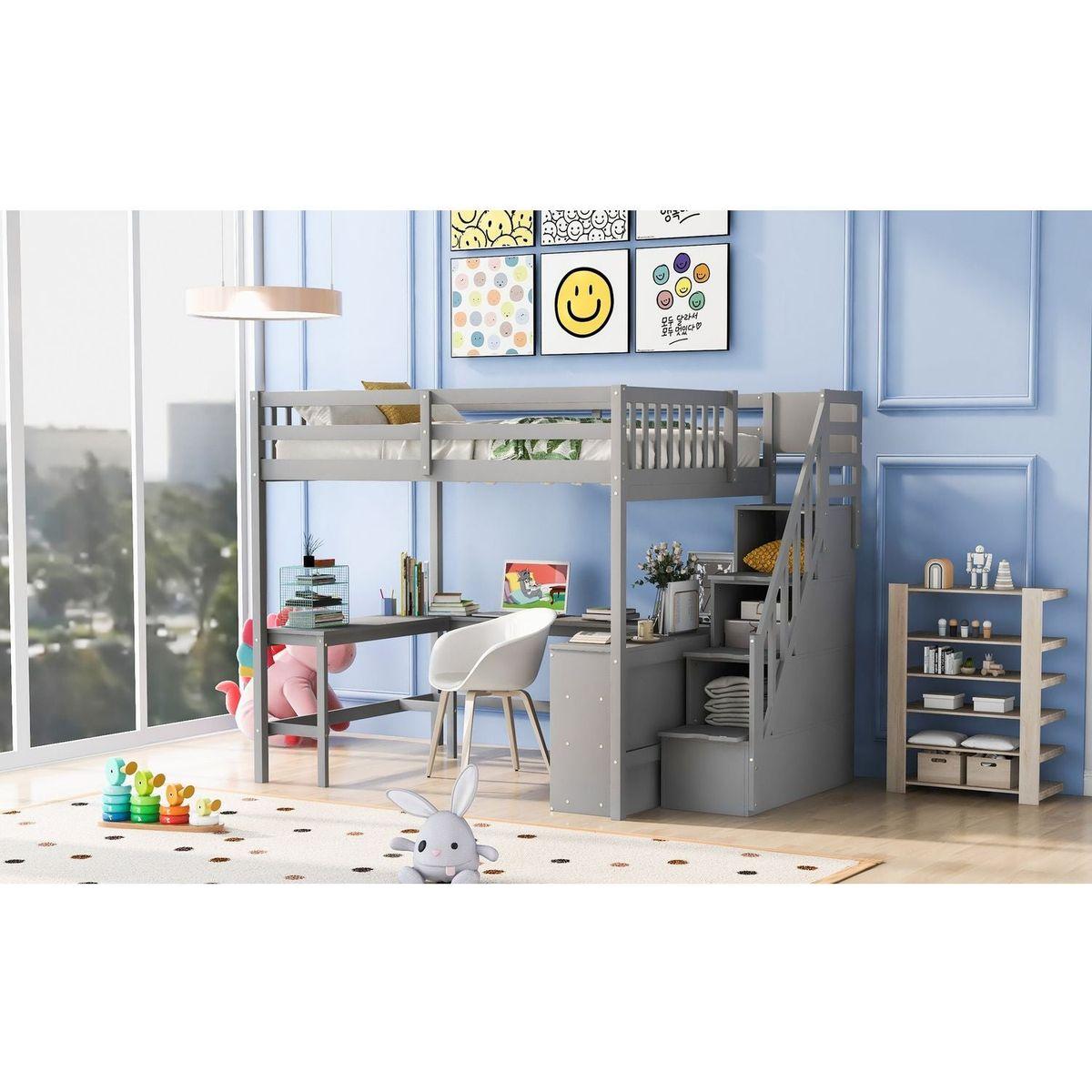 Full Size Loft Bed with Built-in L-Shaped Desk and Three-Tier Storage Shelves,and Attached Storage Staircase,Gray
