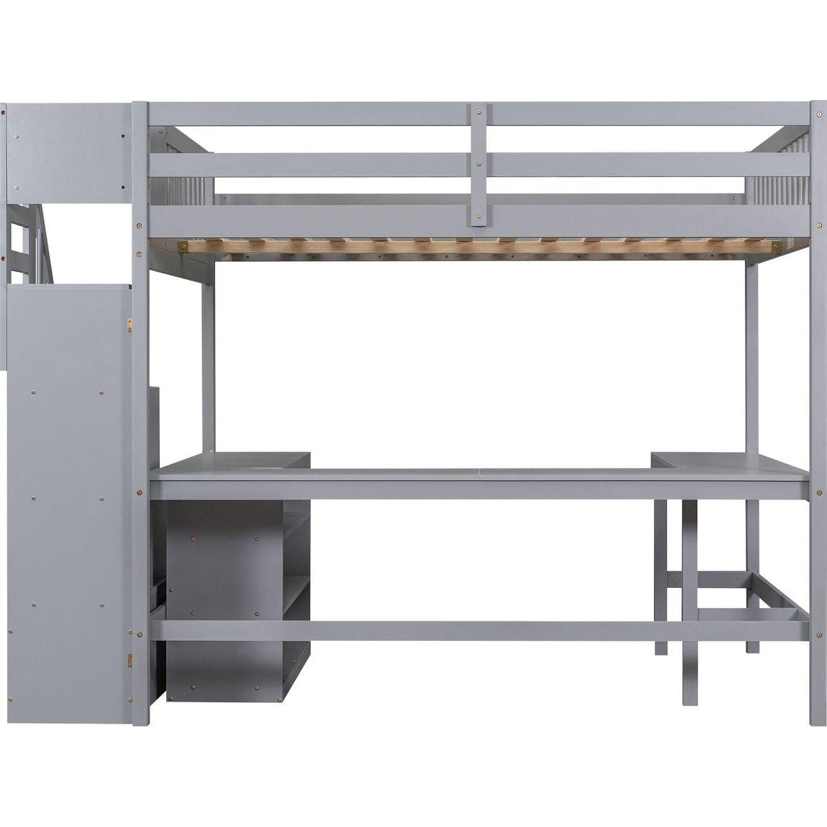 Full Size Loft Bed with Built-in L-Shaped Desk and Three-Tier Storage Shelves,and Attached Storage Staircase,Gray