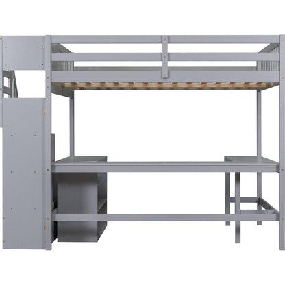 Full Size Loft Bed with Built-in L-Shaped Desk and Three-Tier Storage Shelves,and Attached Storage Staircase,Gray