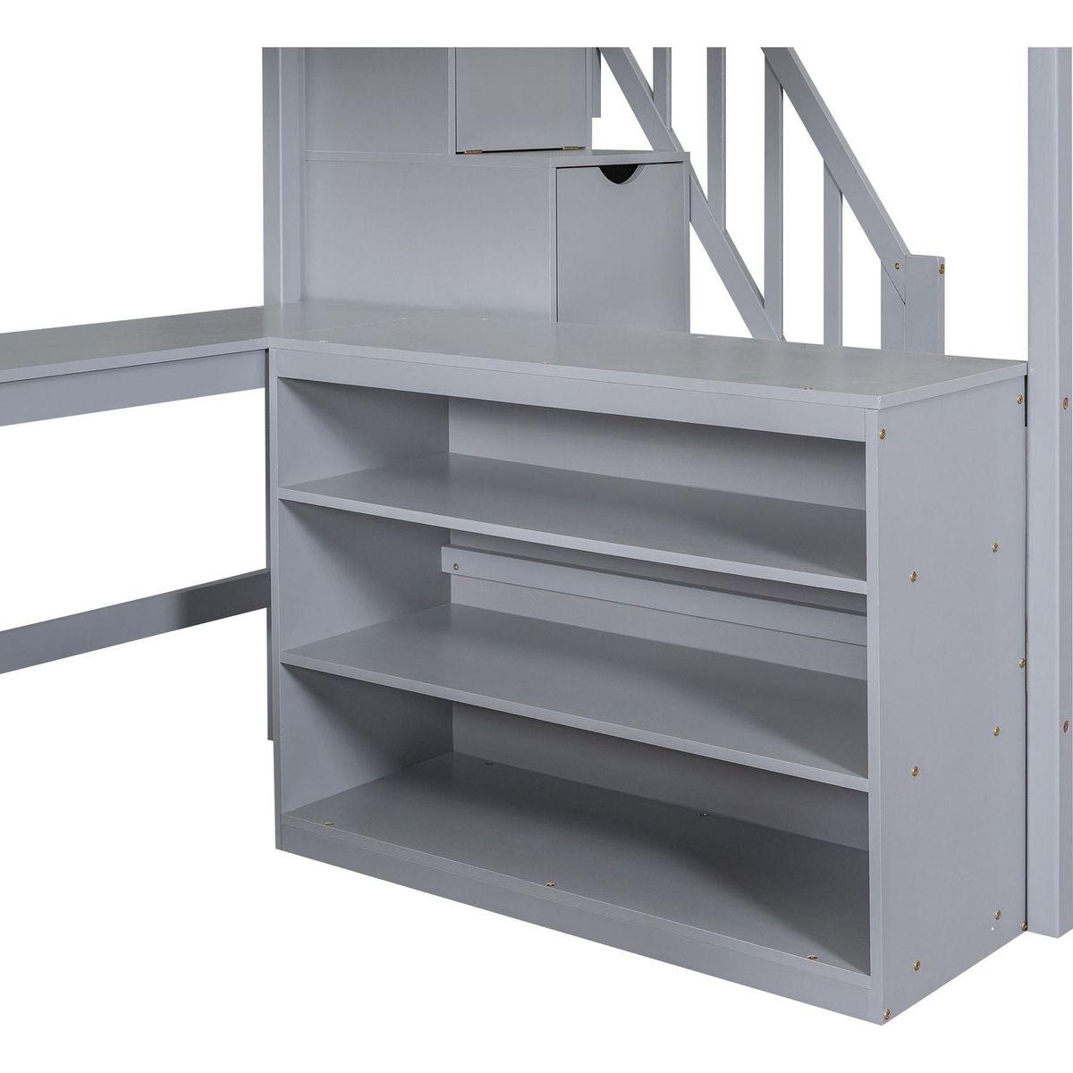 Full Size Loft Bed with Built-in L-Shaped Desk and Three-Tier Storage Shelves,and Attached Storage Staircase,Gray