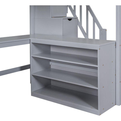 Full Size Loft Bed with Built-in L-Shaped Desk and Three-Tier Storage Shelves,and Attached Storage Staircase,Gray
