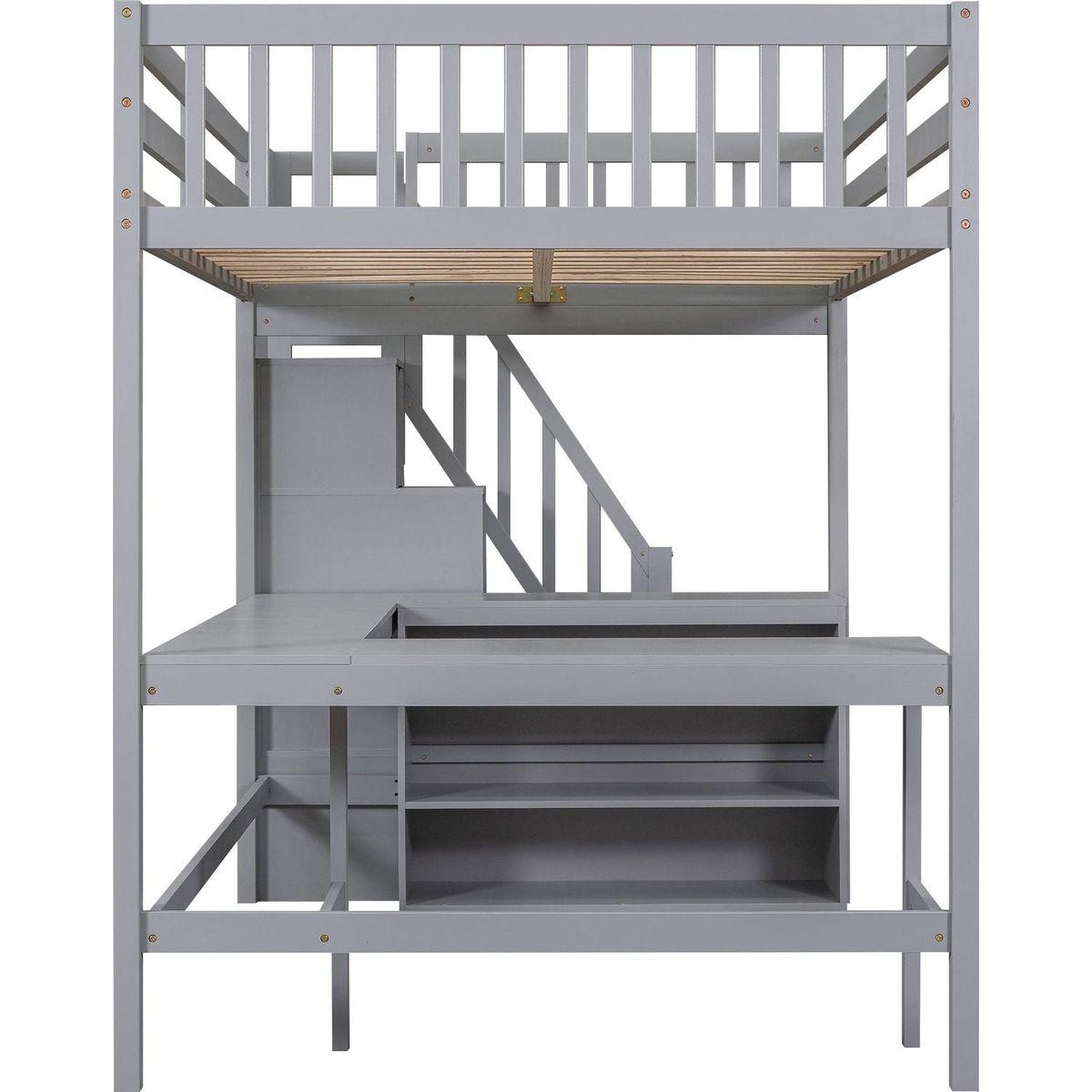 Full Size Loft Bed with Built-in L-Shaped Desk and Three-Tier Storage Shelves,and Attached Storage Staircase,Gray