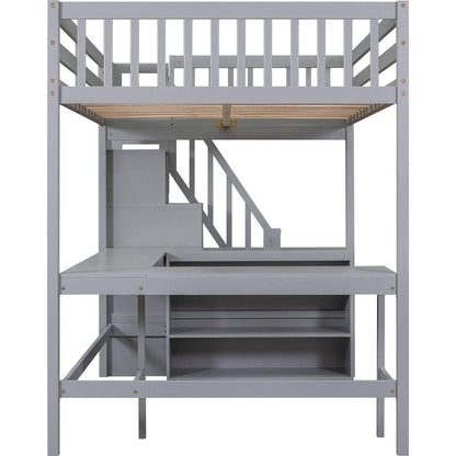 Full Size Loft Bed with Built-in L-Shaped Desk and Three-Tier Storage Shelves,and Attached Storage Staircase,Gray