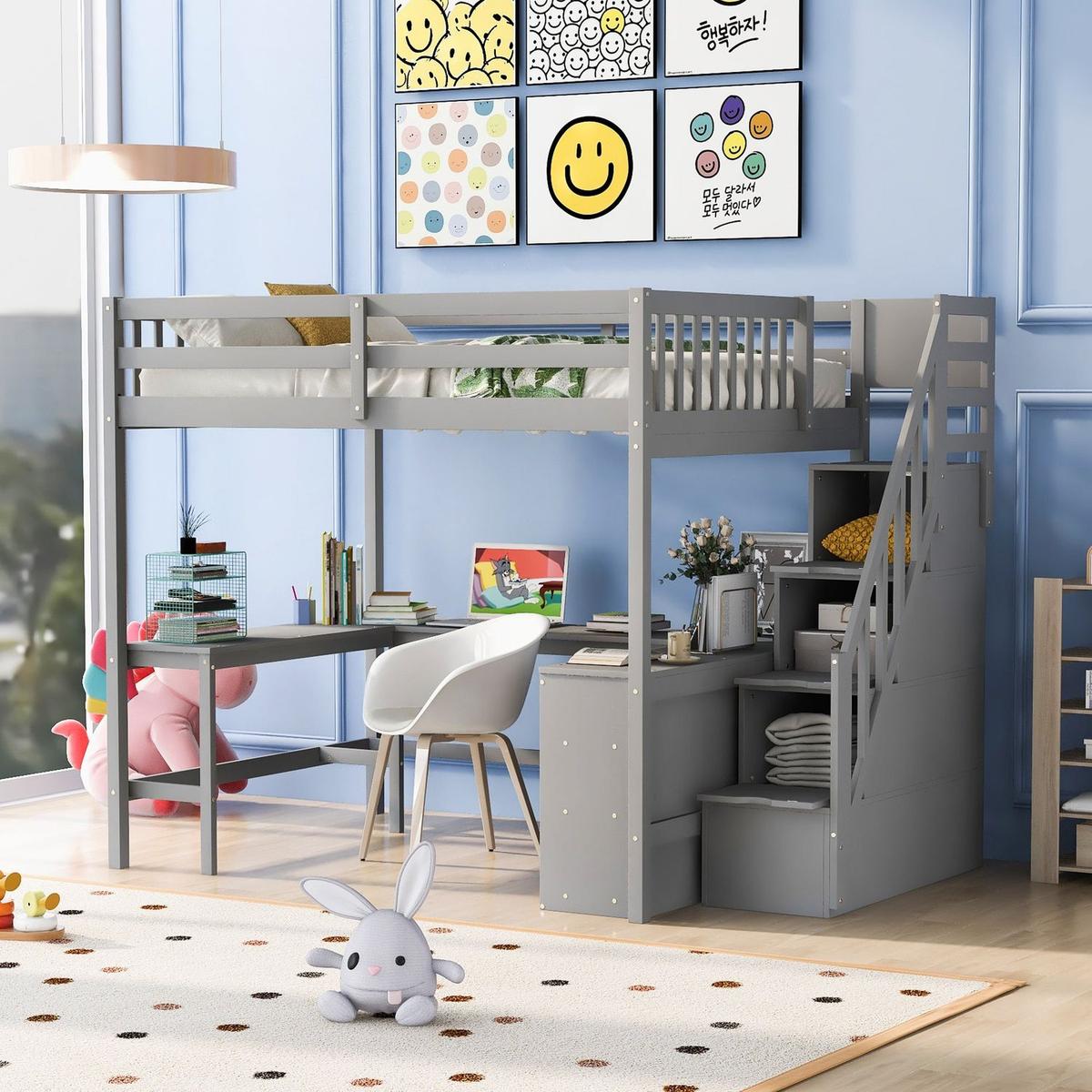 Full Size Loft Bed with Built-in L-Shaped Desk and Three-Tier Storage Shelves,and Attached Storage Staircase,Gray