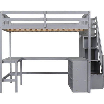 Full Size Loft Bed with Built-in L-Shaped Desk and Three-Tier Storage Shelves,and Attached Storage Staircase,Gray