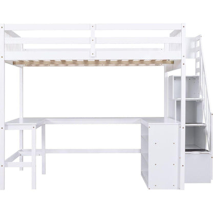 Full Size Loft Bed with Built-in L-Shaped Desk and Three-Tier Storage Shelves,and Attached Storage Staircase, White